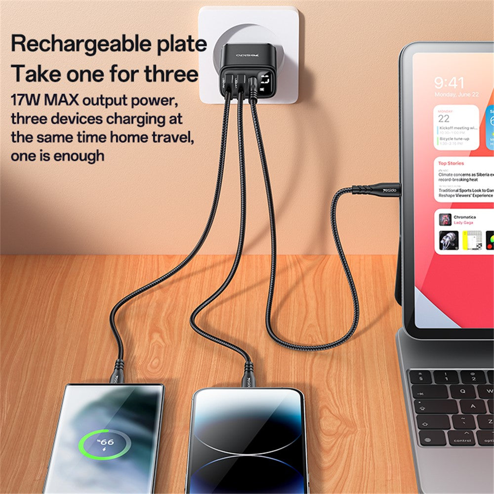 Yesido YC67 Network Charger Display, 17W, 2.4A, 1 x USB-C - 2 x USB-A, Black