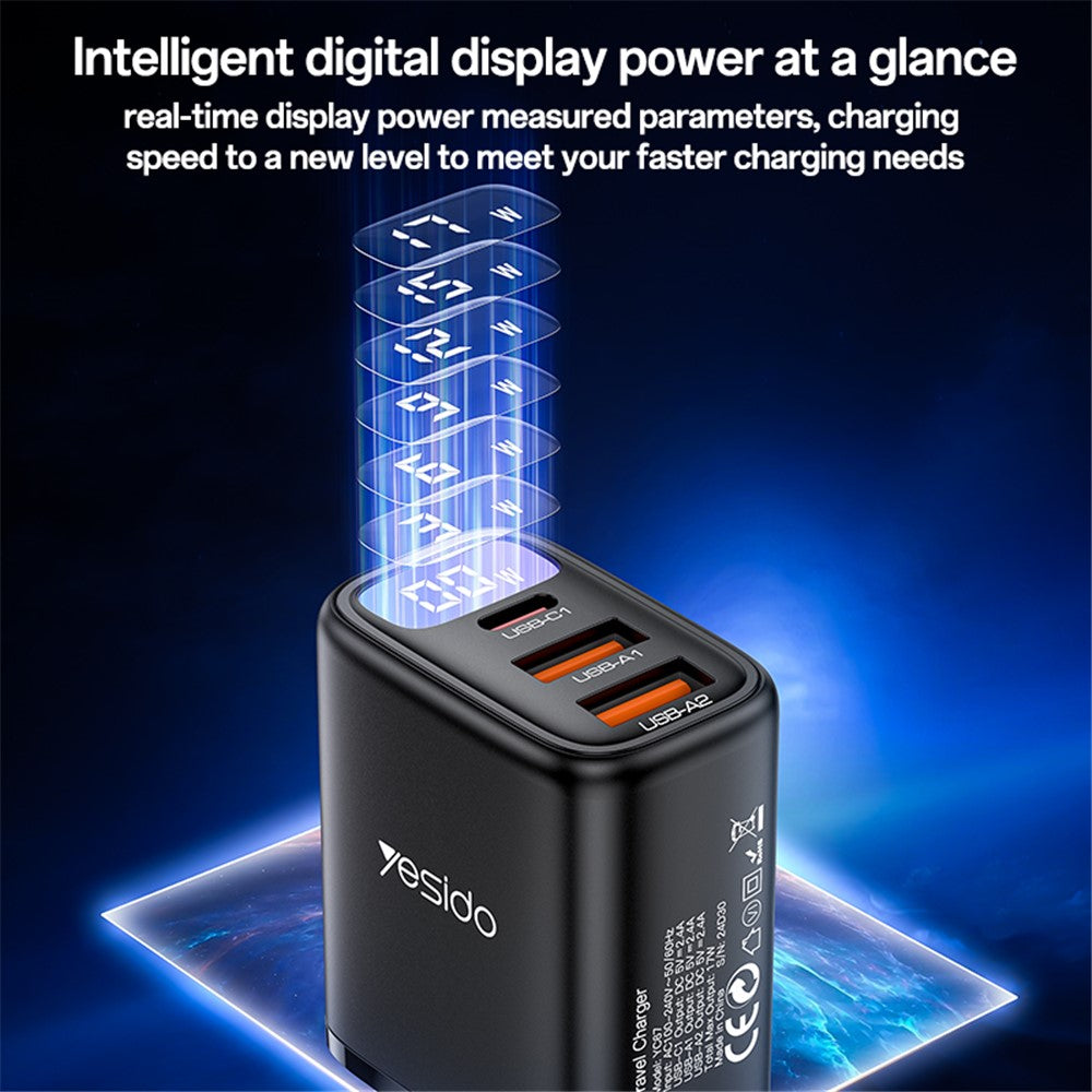 Yesido YC67 Network Charger Display, 17W, 2.4A, 1 x USB-C - 2 x USB-A, Black