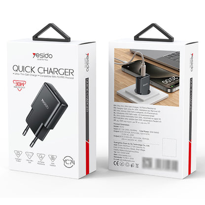 Cargador de Red Yesido YC74, 30W, 3A, 1 x USB-C, Negro