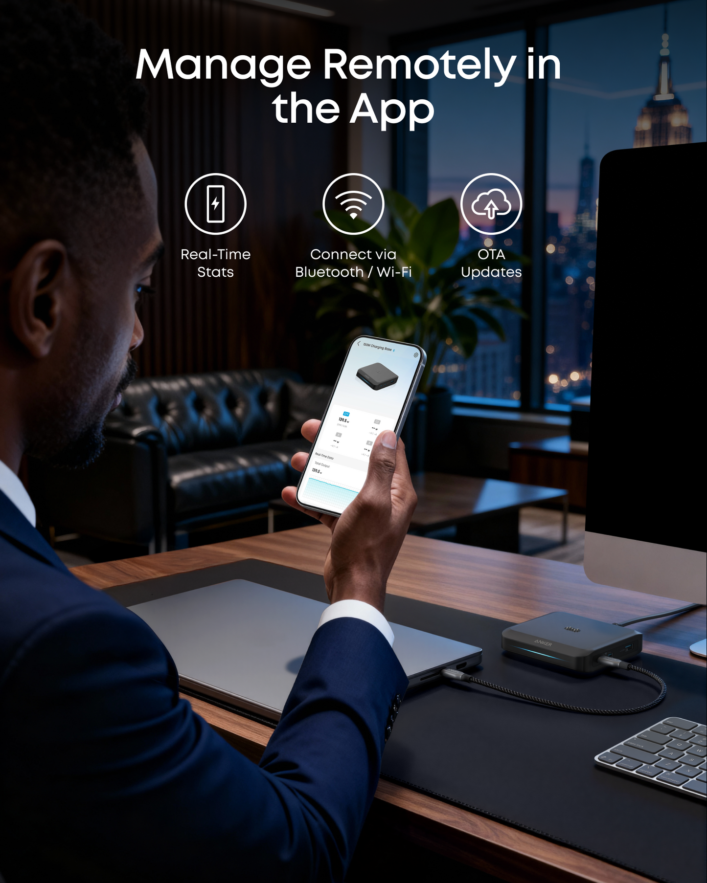 Cargador Estación Anker para batería externa Prime, 150W, 5A, 1 x Pogo Pin - 1 x USB-A - 2 x USB-C, Negro A1903G11
