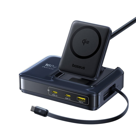 Cargador Estación Baseus Nomos NH21 QI 5en1, 160W, 5A, 1 x USB-A - 2 x USB-C, Negro E0121700