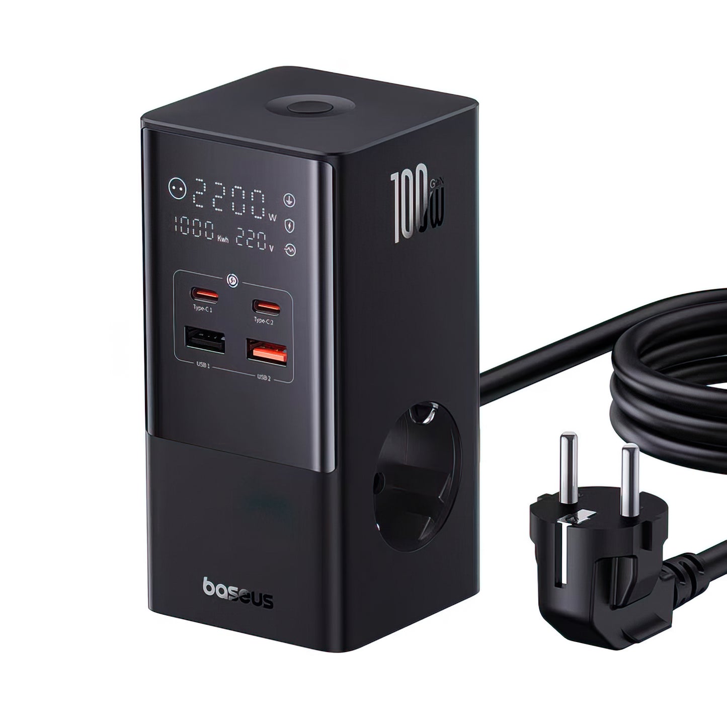Baseus PowerCombo Tower Charging Station, 100W, 5A, 2 x Schuko - 2 x USB-A - 2 x USB-C, Black E00023609113-00