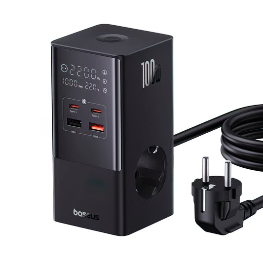 Cargador Estación Baseus PowerCombo Tower, 100W, 5A, 2 x Schuko - 2 x USB-A - 2 x USB-C, Negro E00023609113-00