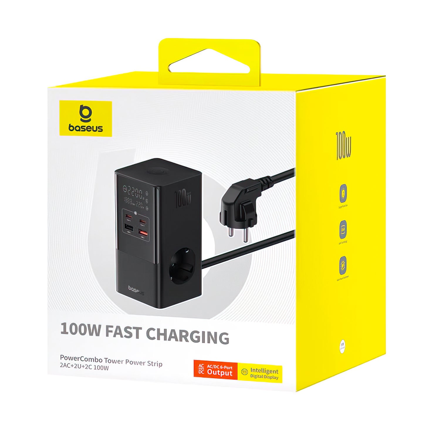 Baseus PowerCombo Tower Charging Station, 100W, 5A, 2 x Schuko - 2 x USB-A - 2 x USB-C, Black E00023609113-00