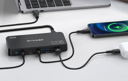 Cargador Estación BlitzWolf BW-i100, 120W, 5A, 2 x USB-A - 3 x USB-C, Negro