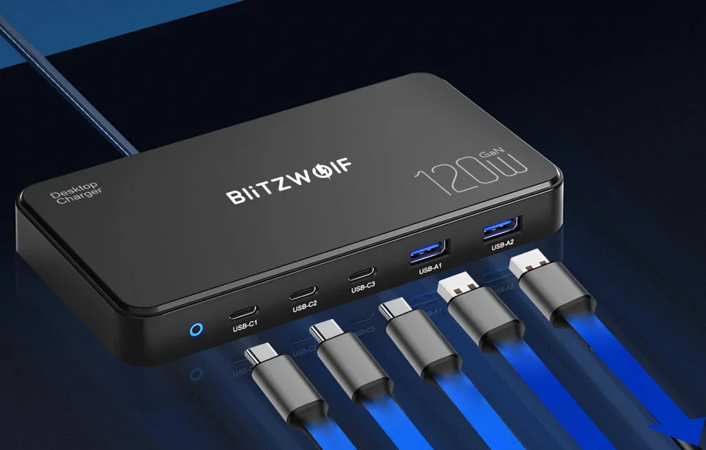 Cargador Estación BlitzWolf BW-i100, 120W, 5A, 2 x USB-A - 3 x USB-C, Negro