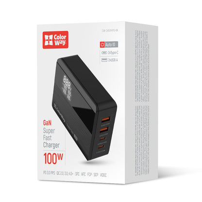 Cargador Estación ColorWay Display, 100W, 5A, 2 x USB-A - 2 x USB-C, Negro