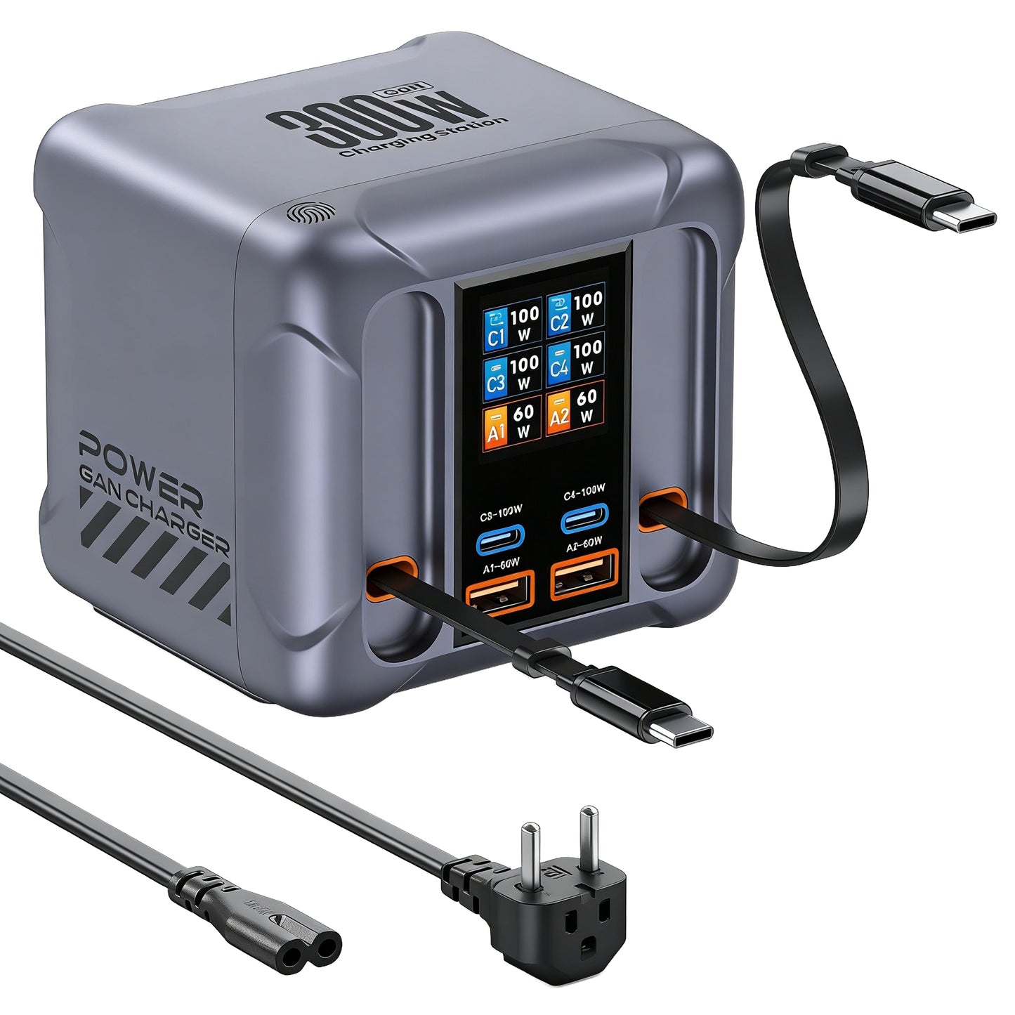 Estación de Carga con Cable USB-C OEM HW866, 300W, 5A, 2 x USB-A - 2 x USB-C, Gris