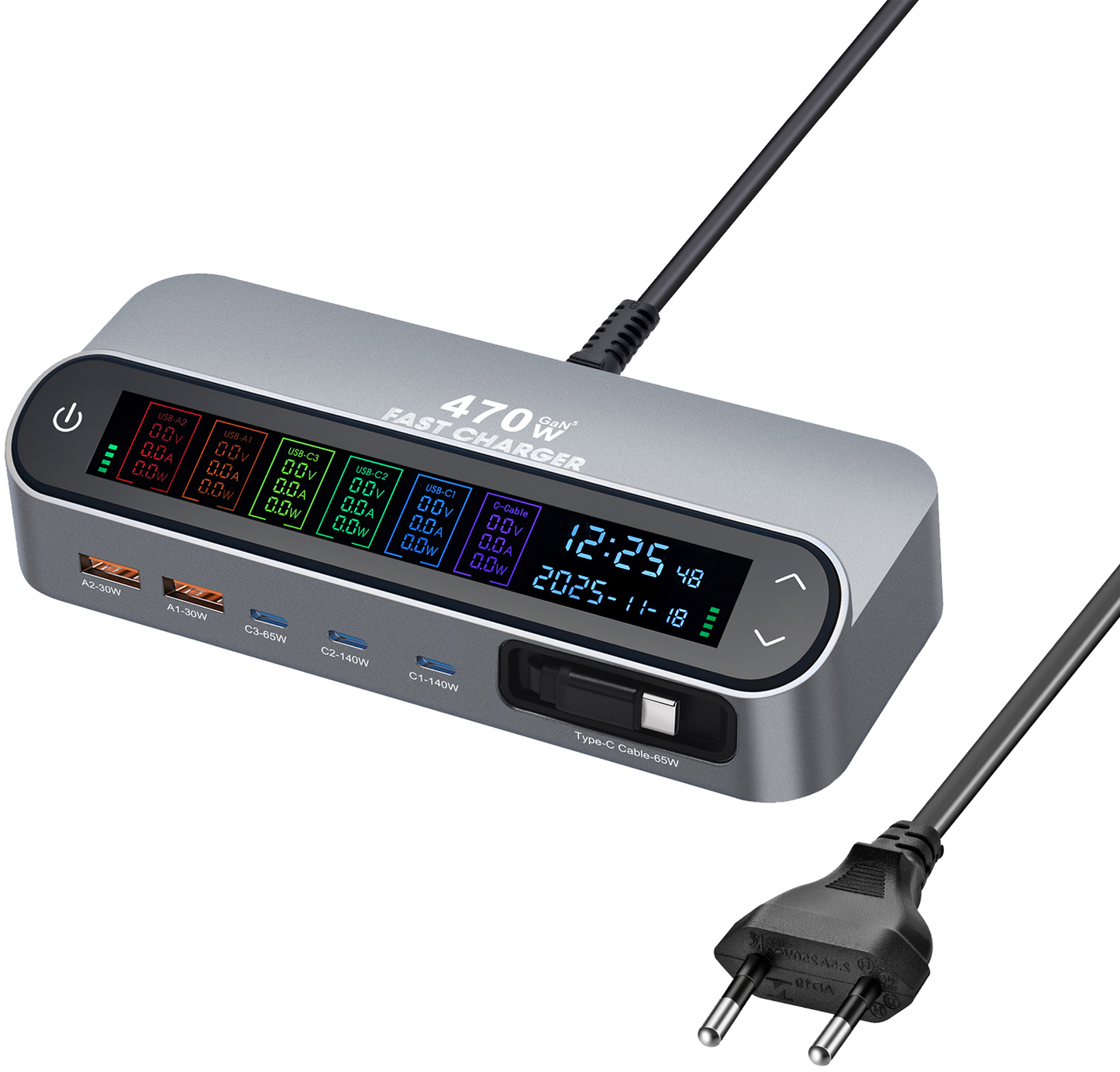 Cargador Estación Con Cable USB-C OEM LCD470W, 470W, 5A, 2 x USB-A - 3 x USB-C, Gris
