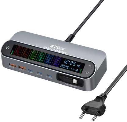 Cargador Estación Con Cable USB-C OEM LCD470W, 470W, 5A, 2 x USB-A - 3 x USB-C, Gris