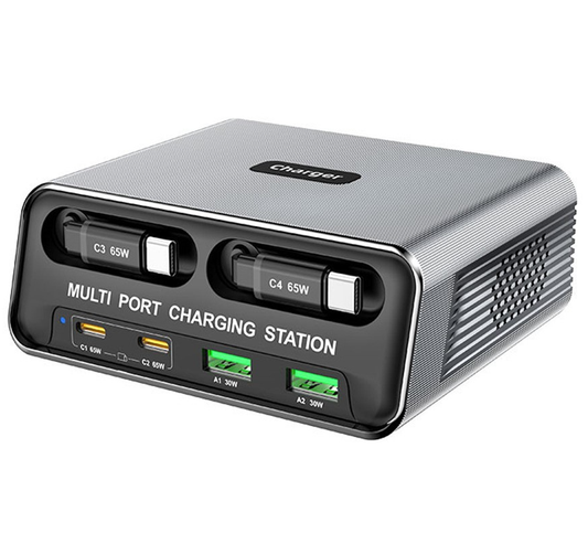 Cargador Estación Con Cable USB-C OEM WLX-60C, 130W, 2 x USB-A - 2 x USB-C, Gris