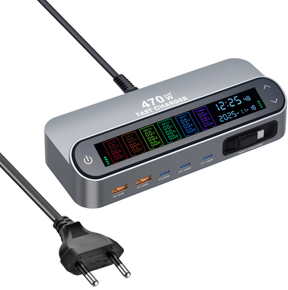Cargador Estación Con Cable USB-C OEM LCD470W, 470W, 5A, 2 x USB-A - 3 x USB-C, Gris