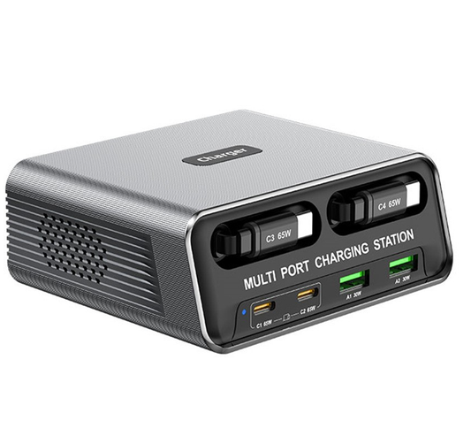 Cargador Estación Con Cable USB-C OEM WLX-60C, 130W, 2 x USB-A - 2 x USB-C, Gris
