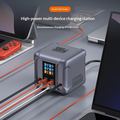 Estación de Carga con Cable USB-C OEM HW866, 300W, 5A, 2 x USB-A - 2 x USB-C, Gris