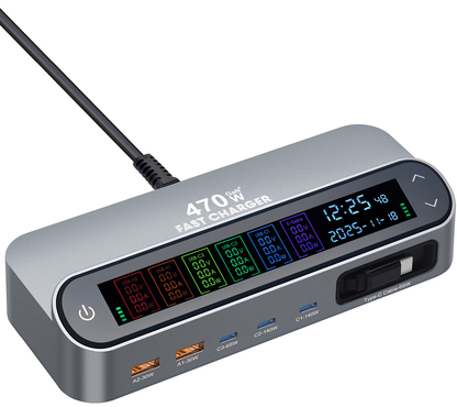 Cargador Estación Con Cable USB-C OEM LCD470W, 470W, 5A, 2 x USB-A - 3 x USB-C, Gris