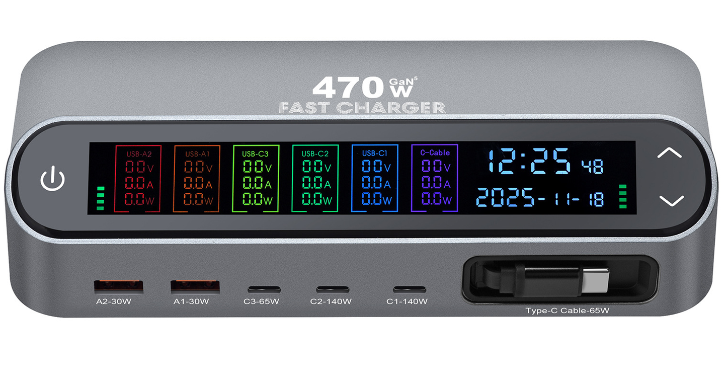 Cargador Estación Con Cable USB-C OEM LCD470W, 470W, 5A, 2 x USB-A - 3 x USB-C, Gris