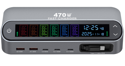 Cargador Estación Con Cable USB-C OEM LCD470W, 470W, 5A, 2 x USB-A - 3 x USB-C, Gris