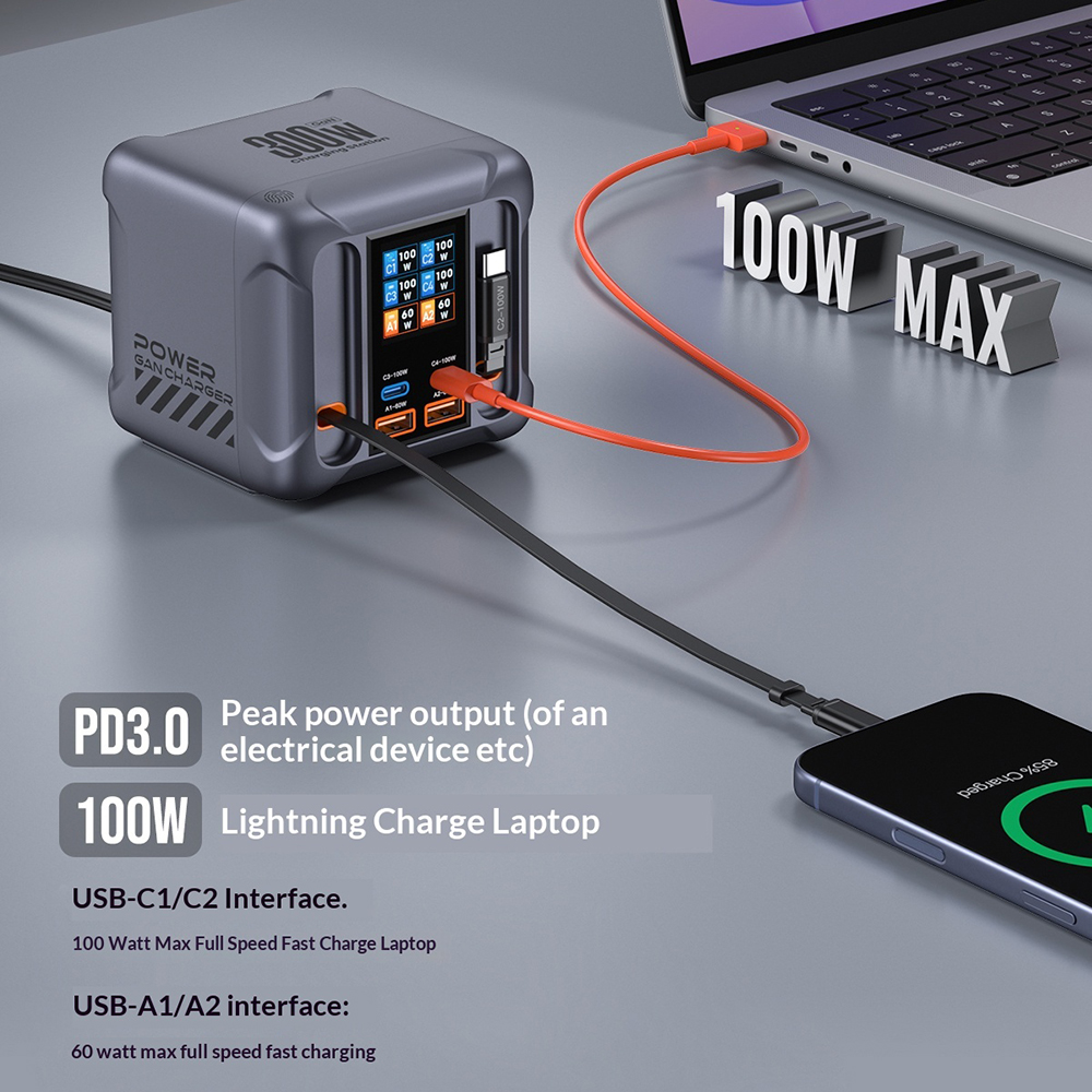 Estación de Carga con Cable USB-C OEM HW866, 300W, 5A, 2 x USB-A - 2 x USB-C, Gris