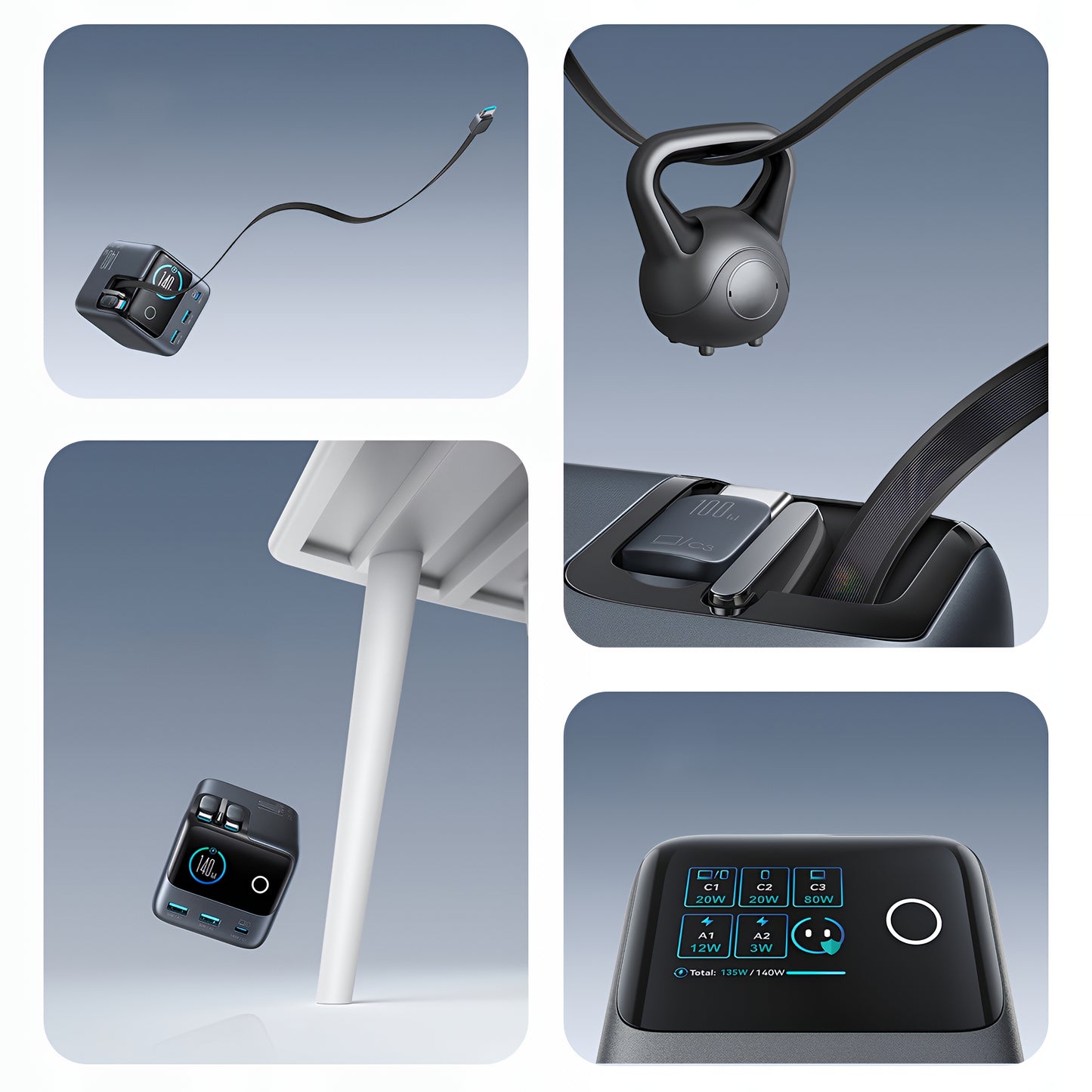 Cargador Estación con Cable USB-C Joyroom Podix JR-TRD01, 140W, 1 x USB-C - 2 x USB-A, Gris