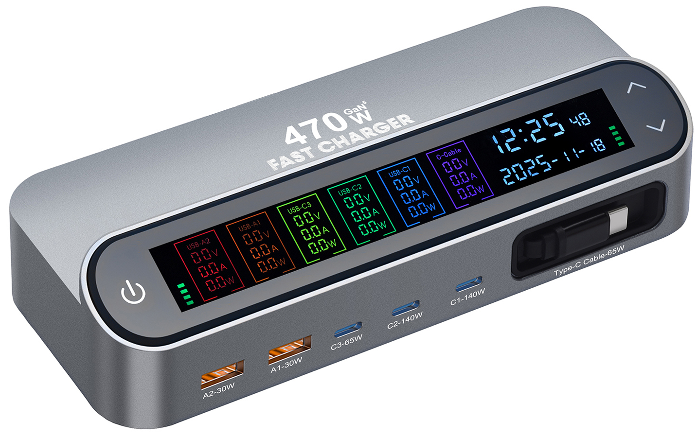 Cargador Estación Con Cable USB-C OEM LCD470W, 470W, 5A, 2 x USB-A - 3 x USB-C, Gris