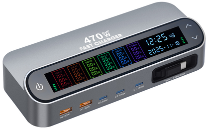 Cargador Estación Con Cable USB-C OEM LCD470W, 470W, 5A, 2 x USB-A - 3 x USB-C, Gris
