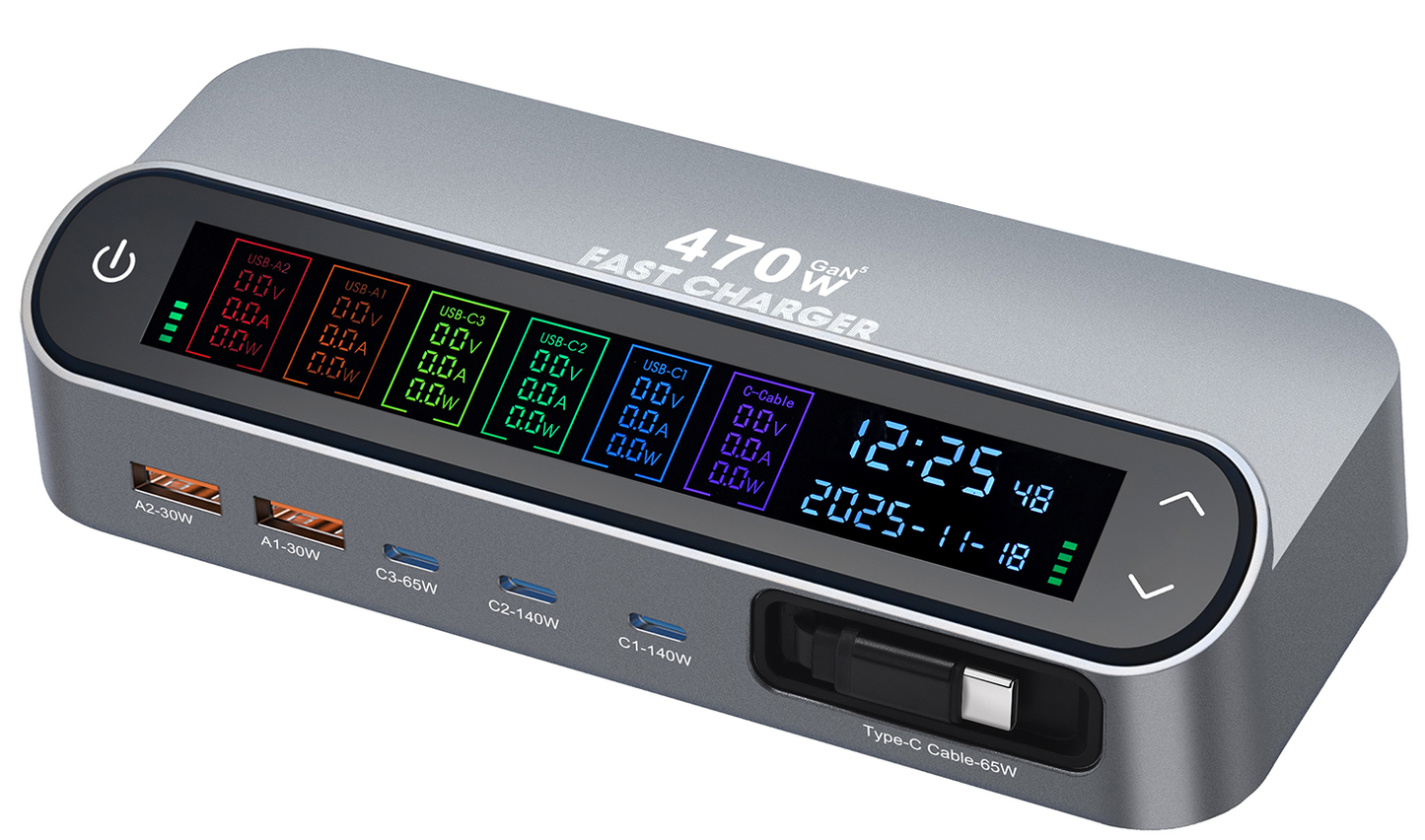 Cargador Estación Con Cable USB-C OEM LCD470W, 470W, 5A, 2 x USB-A - 3 x USB-C, Gris
