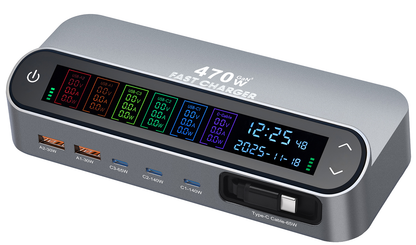 Cargador Estación Con Cable USB-C OEM LCD470W, 470W, 5A, 2 x USB-A - 3 x USB-C, Gris
