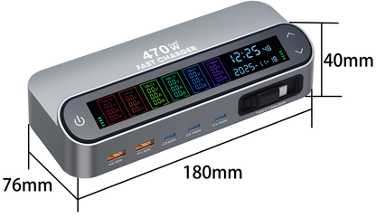 Cargador Estación Con Cable USB-C OEM LCD470W, 470W, 5A, 2 x USB-A - 3 x USB-C, Gris