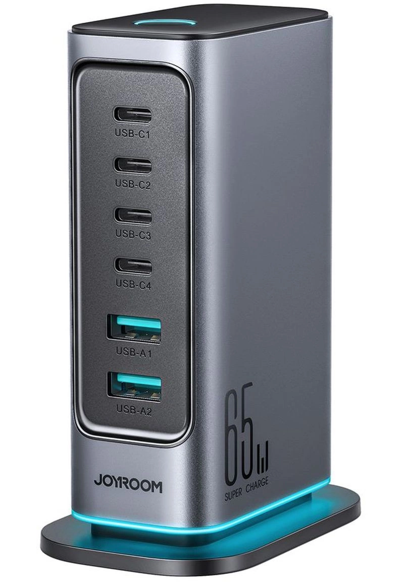 Cargador Estación Joyroom JR-TCM02 UK, 65W, 3.25A, 2 x USB-A - 4 x USB-C, Gris