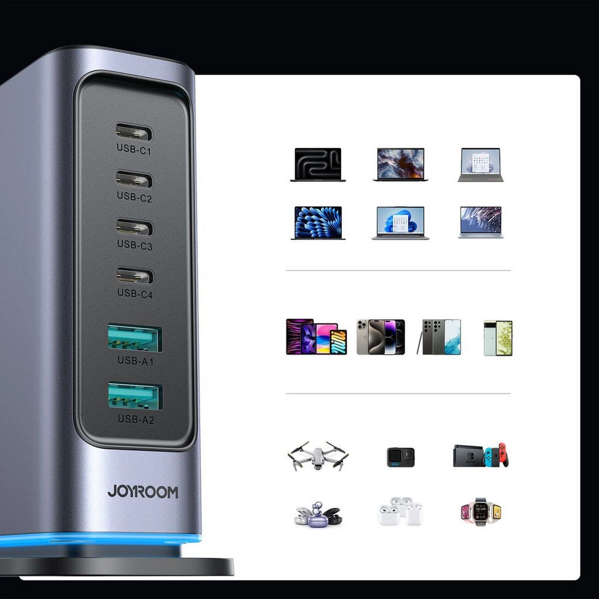 Cargador Estación Joyroom JR-TCM02 UK, 65W, 3.25A, 2 x USB-A - 4 x USB-C, Gris