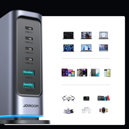 Cargador Estación Joyroom JR-TCM02 UK, 65W, 3.25A, 2 x USB-A - 4 x USB-C, Gris