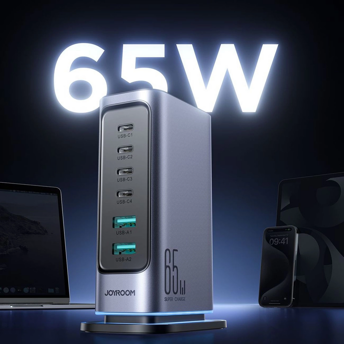 Cargador Estación Joyroom JR-TCM02 UK, 65W, 3.25A, 2 x USB-A - 4 x USB-C, Gris