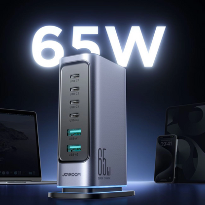 Cargador Estación Joyroom JR-TCM02 UK, 65W, 3.25A, 2 x USB-A - 4 x USB-C, Gris