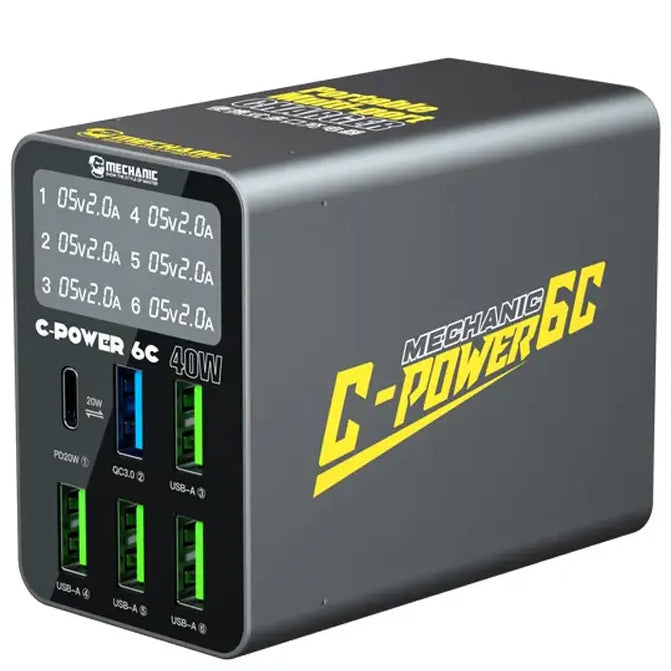 Cargador Estación Mechanic 6C con Pantalla, 40W, 3A, 1 x USB-C - 5 x USB-A, Negro
