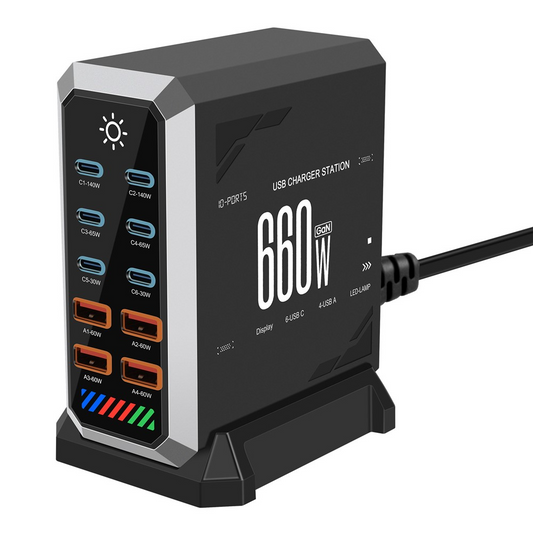Cargador Estación OEM HW18, 660W, 5A, 4 x USB-A - 6 x USB-C, Negro