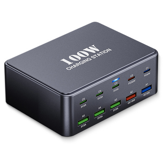 Cargador Estación OEM HW33, 100W, 3A, 5 x USB-A - 5 x USB-C, Gris