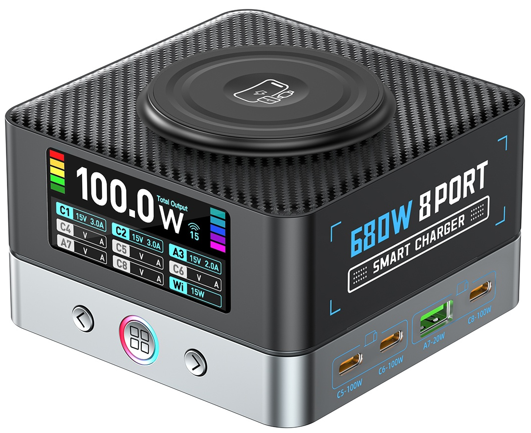 Cargador Estación OEM WLX-R8A QI, 140W, 5A, 2 x USB-A - 6 x USB-C, Gris