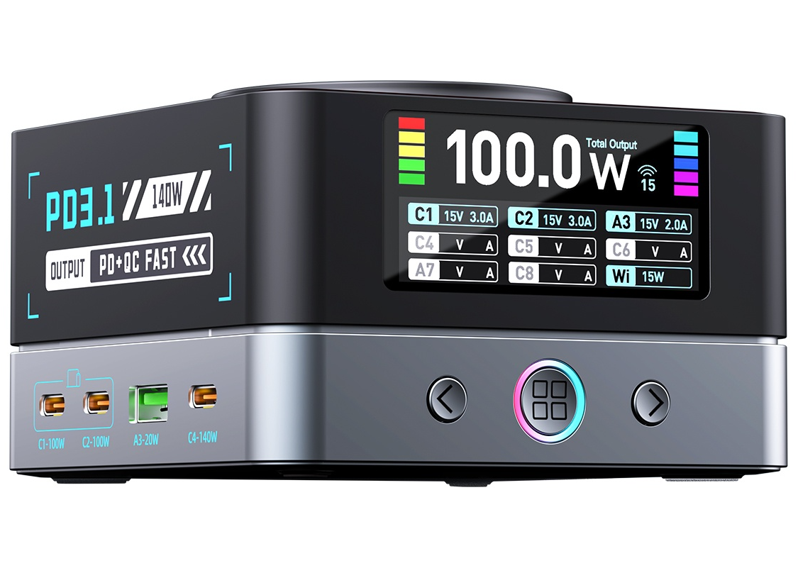 Cargador Estación OEM WLX-R8A QI, 140W, 5A, 2 x USB-A - 6 x USB-C, Gris