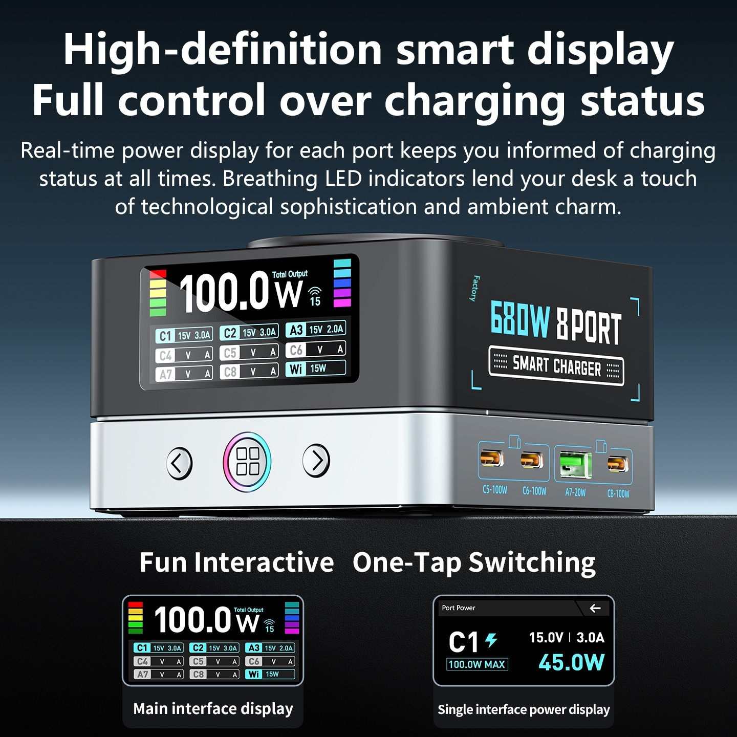 Cargador Estación OEM WLX-R8A QI, 140W, 5A, 2 x USB-A - 6 x USB-C, Gris