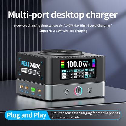 Cargador Estación OEM WLX-R8A QI, 140W, 5A, 2 x USB-A - 6 x USB-C, Gris