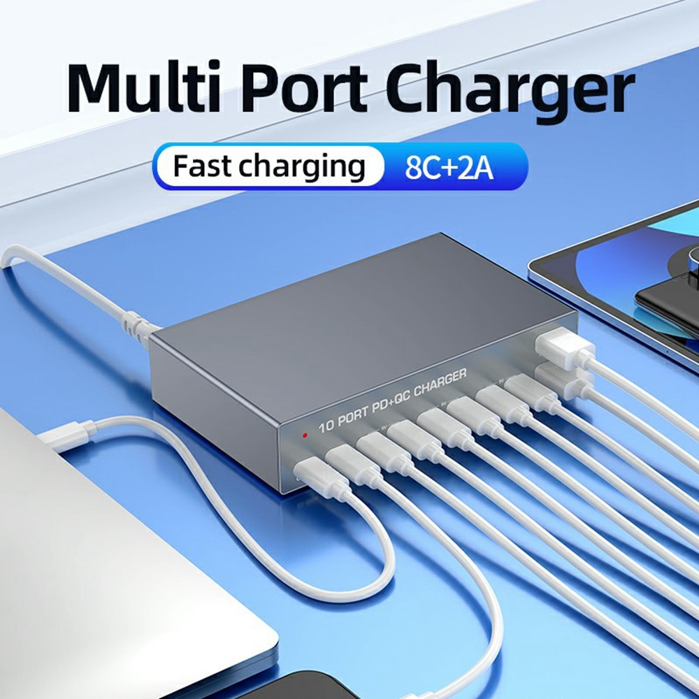 Cargador Estación OEM WLX-X6Y, 140W, 5A, 2 x USB-A - 8 x USB-C, Plateado