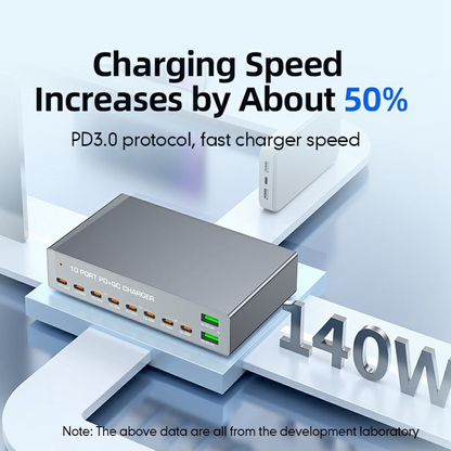 Cargador Estación OEM WLX-X6Y, 140W, 5A, 2 x USB-A - 8 x USB-C, Plateado