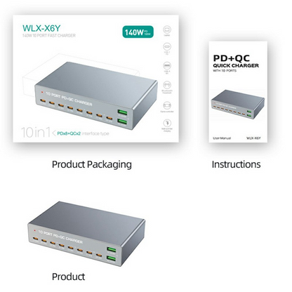 Cargador Estación OEM WLX-X6Y, 140W, 5A, 2 x USB-A - 8 x USB-C, Plateado