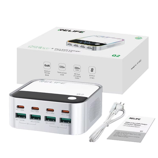 Cargador Estación Relife Q2, 120W, 5A, 4 x USB-A - 4 x USB-C, Plateado