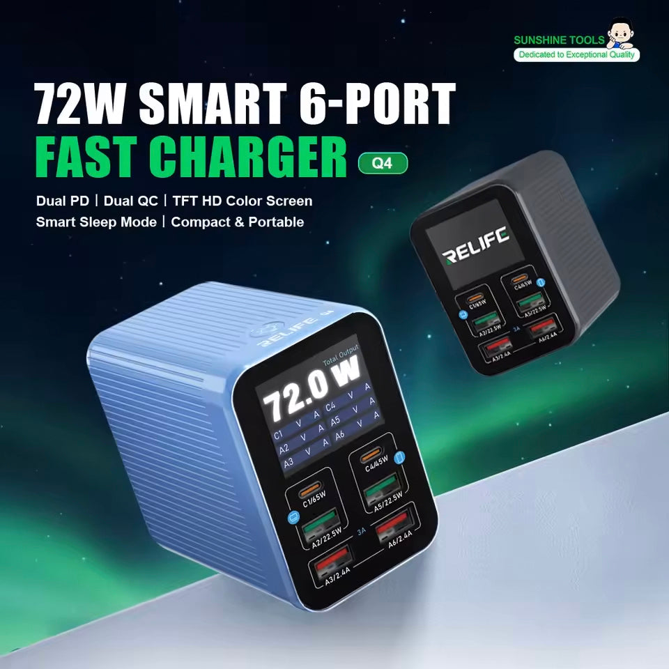 Cargador Estación Relife Q4, 72W, 5A, 2 x USB-C - 4 x USB-A, Azul
