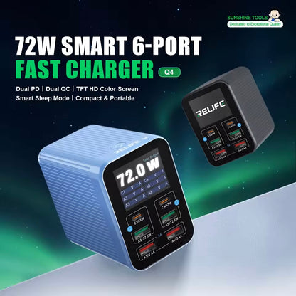Cargador Estación Relife Q4, 72W, 5A, 2 x USB-C - 4 x USB-A, Azul