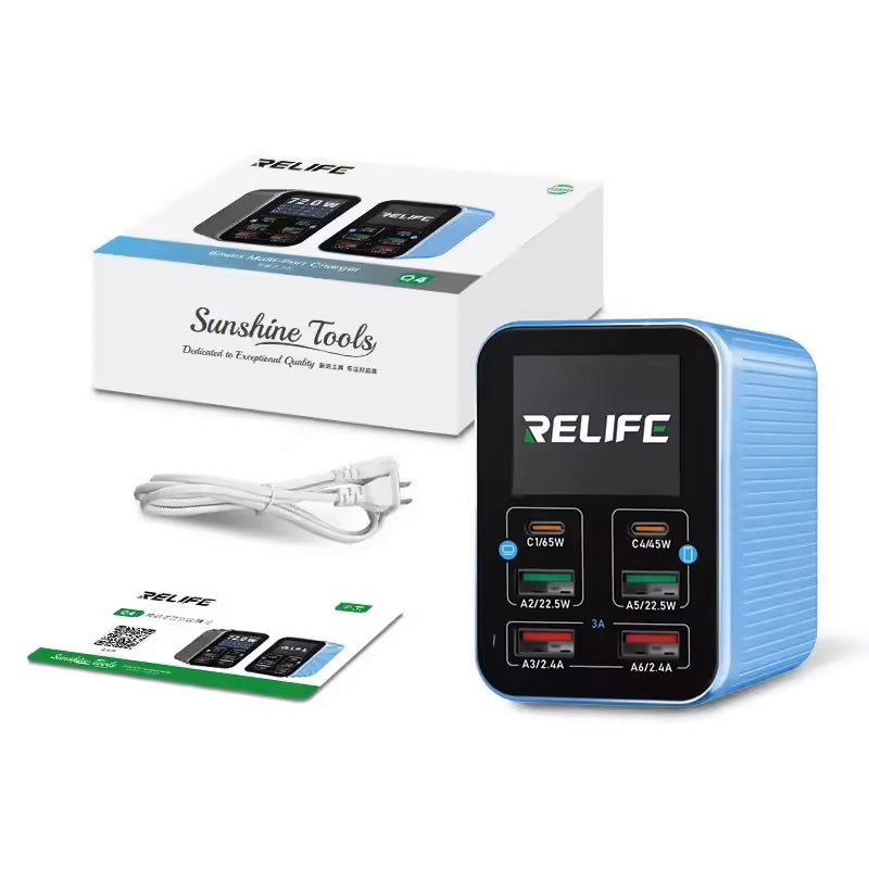 Cargador Estación Relife Q4, 72W, 5A, 2 x USB-C - 4 x USB-A, Azul
