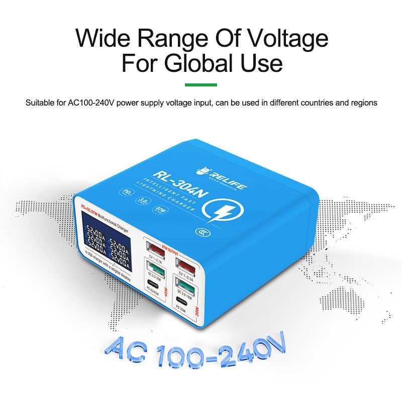 Cargador Estación Relife RL-304N, 87W, 3A, 2 x USB-C - 4 x USB-A, Azul