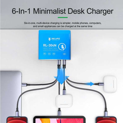 Cargador Estación Relife RL-304N, 87W, 3A, 2 x USB-C - 4 x USB-A, Azul