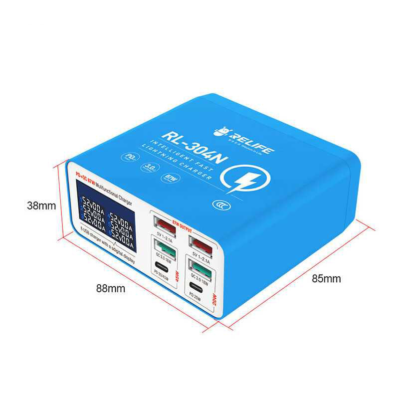 Cargador Estación Relife RL-304N, 87W, 3A, 2 x USB-C - 4 x USB-A, Azul